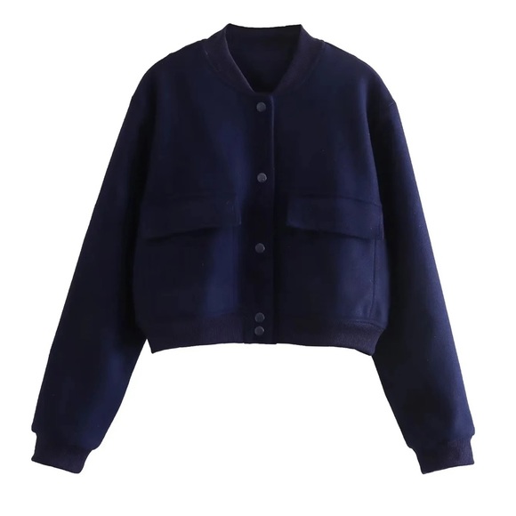 79. influencer blue Bomber Jacket Cropped Fitted Coat button down with pockets - Picture 6 of 8